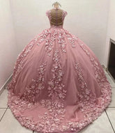 Exquisite Pink Tulle Princess Gown Sweetheart Neckline 3D Floral Appliques & Beaded Elegance for Quinceanera & Sweet 16